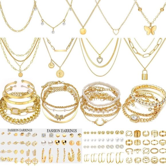 Gold Jewelry Set 98pcs Alloy Costume Necklace Bracelets Earrings Rings Gift
